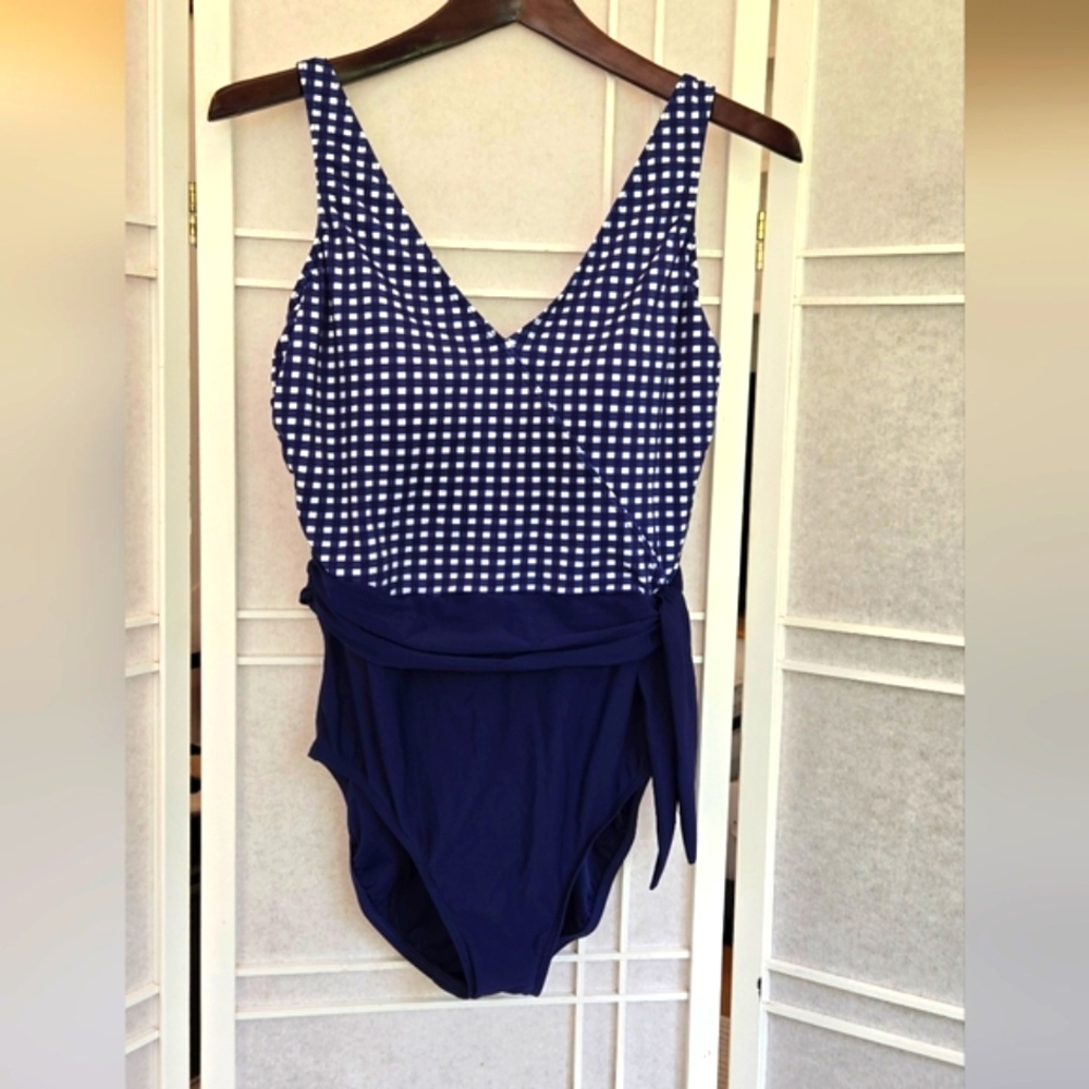 Miraclesuit × Talbots Navy Blue Checkered One Piece Swimsuit